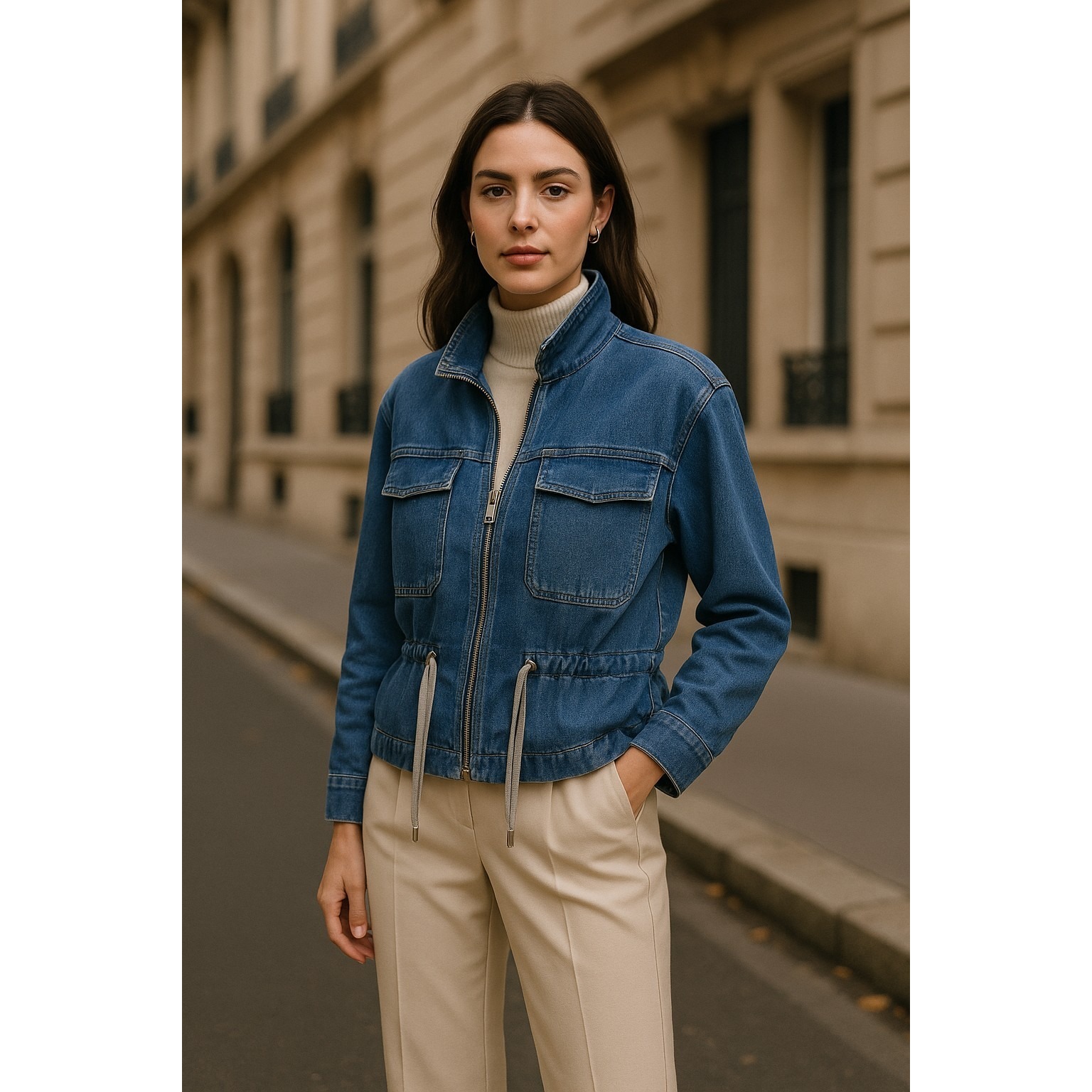 Denim Utility Jacket S Quiet Luxury Drawstring Waist Minimalist Capsule Wardrobe